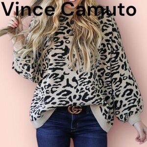 Vince Camuto Black and Cream Animal Print Turtleneck Sweater